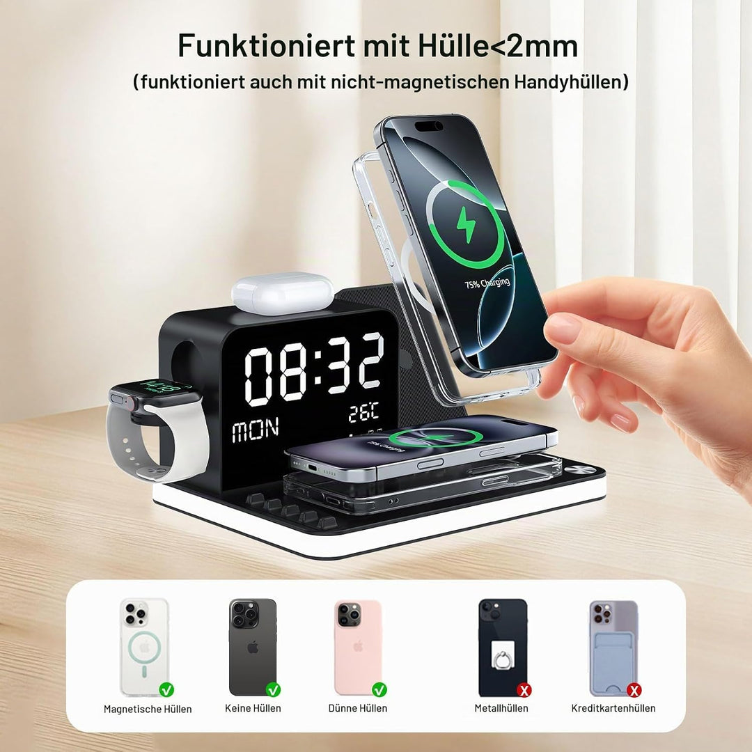 7-in-1 kabelloses Ladegerät mit Uhr, Temperatur &amp; Datum, kompatibel mit iPhone 17/16/15/14/13 Pro Ma