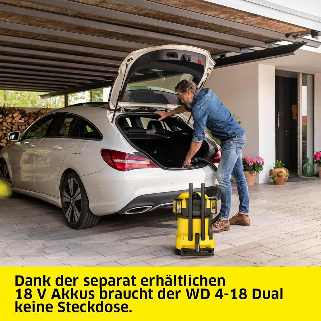 Kärcher Akku-Nass-/ Trockensauger WD 4-18 Dual, 335 W, 20 liters, ohne Akku und Ladegerät, gelb