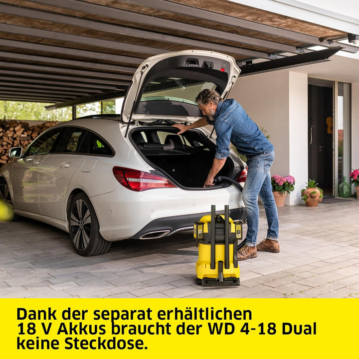 Kärcher Akku-Nass-/ Trockensauger WD 4-18 Dual, 335 W, 20 liters, ohne Akku und Ladegerät, gelb