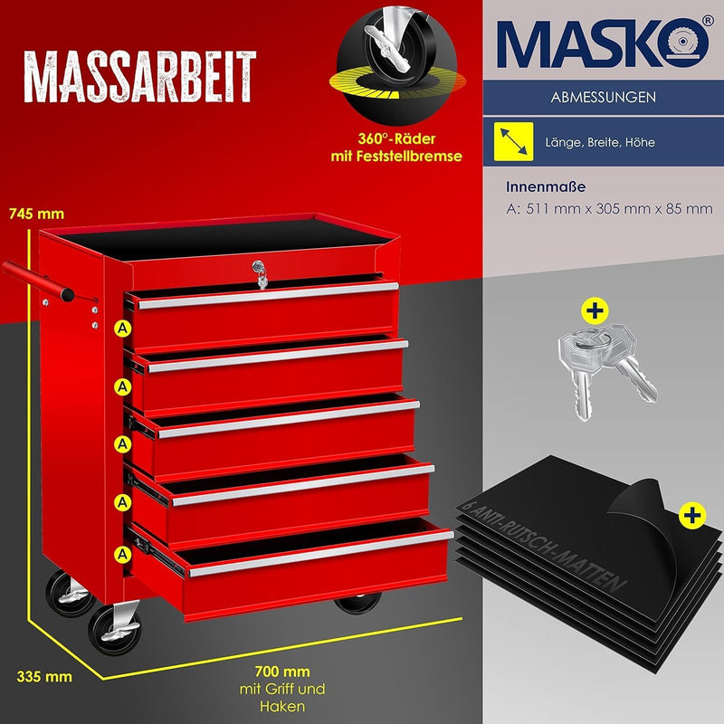 MASKO® Werkstattwagen - 5 Schubladen, Abschliessbar | Massives Metall | Mobiler Werkzeug-Wagen ohne