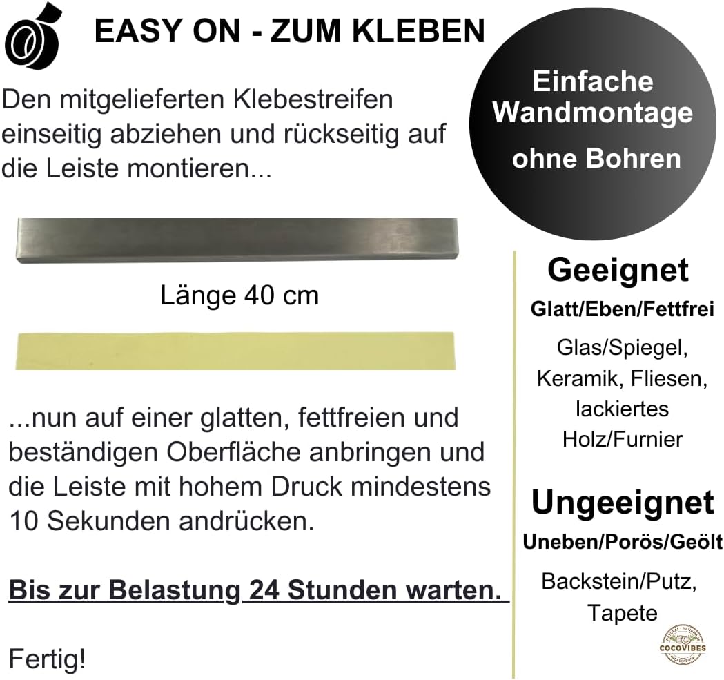 Messerleiste LEILA 40 cm – Magnetleiste für Messer ohne Bohren, selbstklebend aus Edelstahl mit hohe