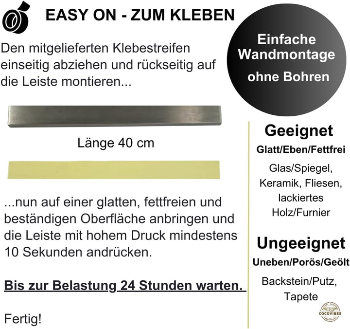 Messerleiste LEILA 40 cm – Magnetleiste für Messer ohne Bohren, selbstklebend aus Edelstahl mit hohe