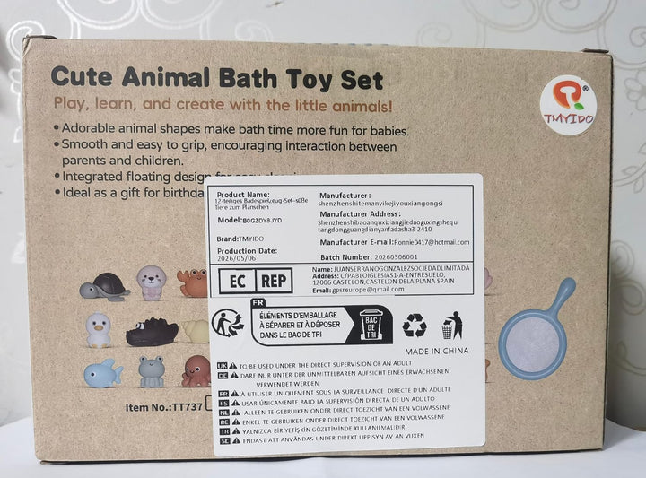 Niedliches Tier-Badespielzeug-Set– 12 Stück Schwimmende Meerestiere aus Weichgummi mit Kescher, Ohne