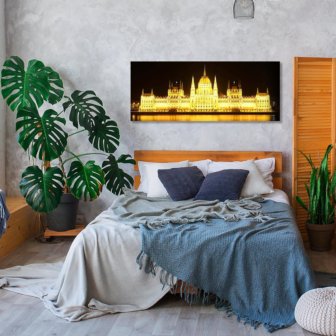 wandmotiv24 Leinwandbild Budapest bei Nacht 100x40cm (BxH) Bilder auf Leinwand, Dekoration Wohnung m