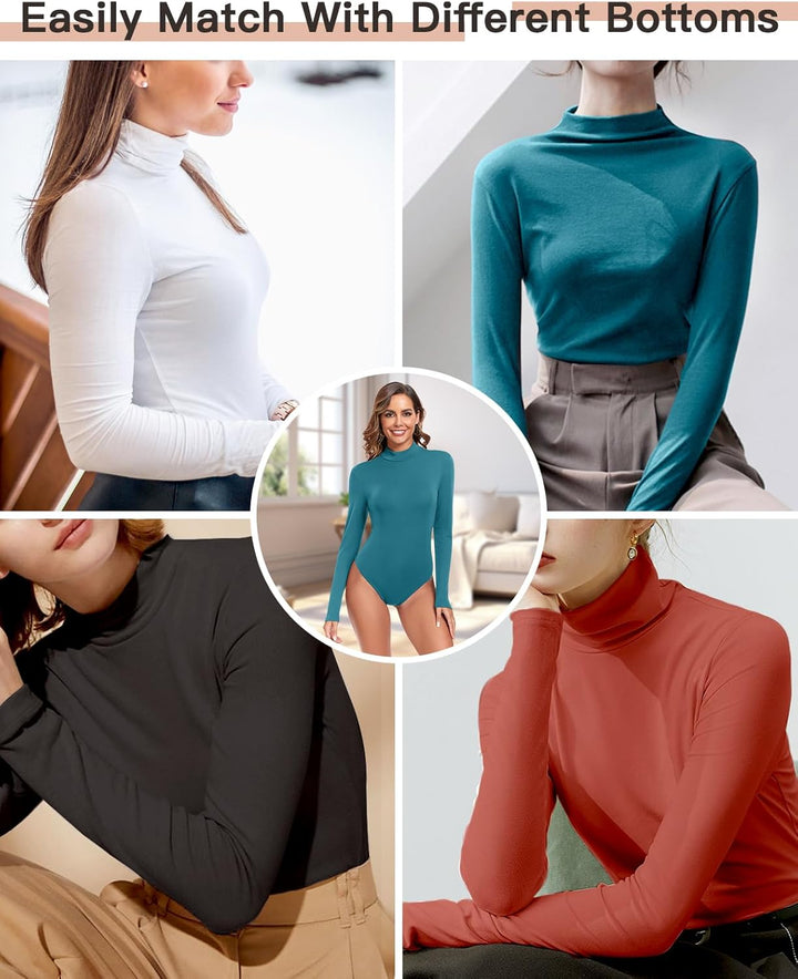 WOWENY Damen Body Langarm mit Stehkragen - Thermo Bodysuit Fleece Oberteile Shirts Rolli Pullover Ro