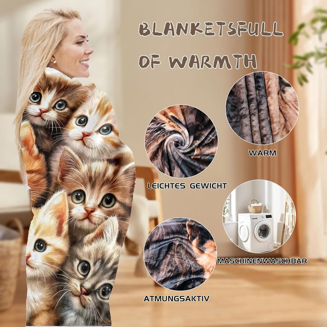 kuscheldecke katzenmotiv 150x200cm,Cartoon Kätzchen kuscheldecke Fleece Decke mit 3D Tierdruck, Weic