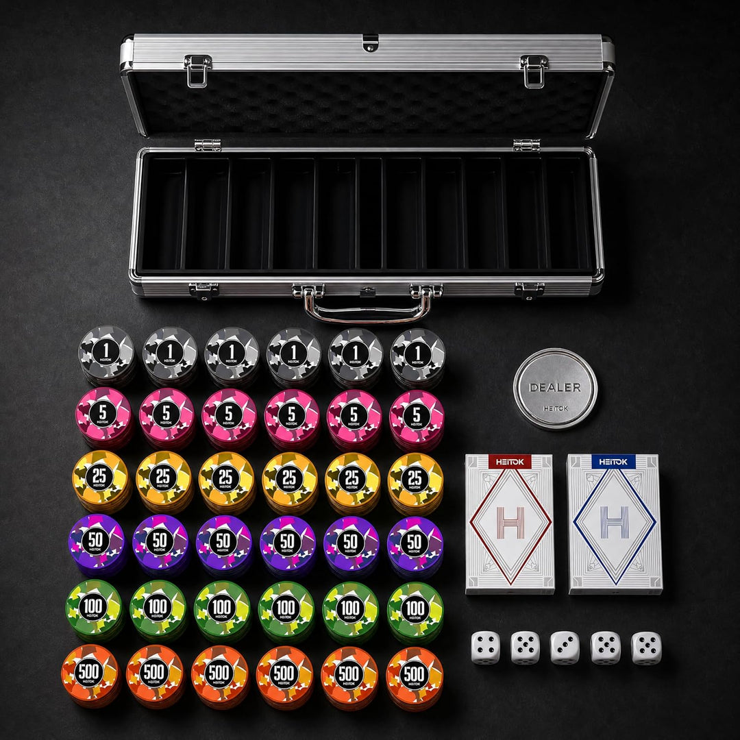 Poker-Chips-Set mit Wertangaben, 300 Stück 11,5g Profi-Chips nummeriert in Alu-Koffer inkl. 5 Würfel