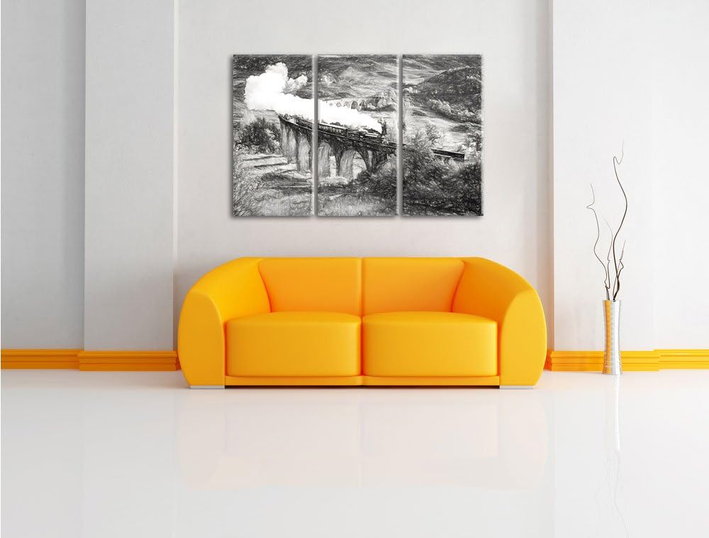Pixxprint Dampflokomotive / 3-Teilig/Gesamtmass 120cm Leinwandbild bespannt auf Holzrahmen/Wandbild