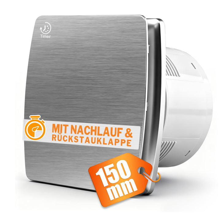 XIIW Badlüfter 150mm mit Nachlauf, 18W Leiser Abluftventilator Lüfter mit Rücklaufklappe, Effiziente
