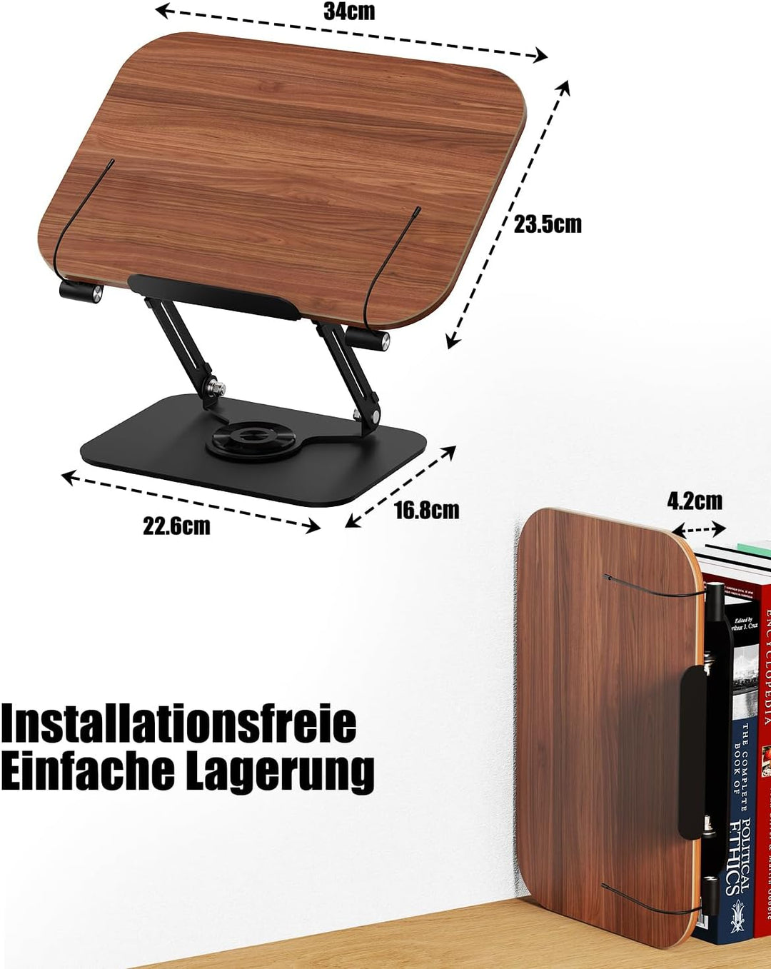 Buchhalter Leseständer, Buchständer Holz zum Lesen, 360° drehbarer Kochbuchständer mit Seitenklammer