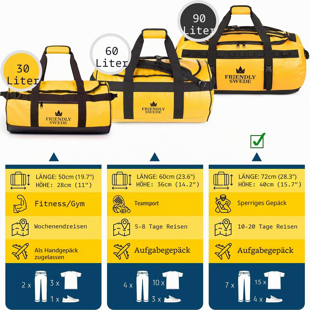 The Friendly Swede Wasserfeste Reisetasche Duffle Bag Rucksack - 30L / 60L / 90L - Seesack, Sporttas
