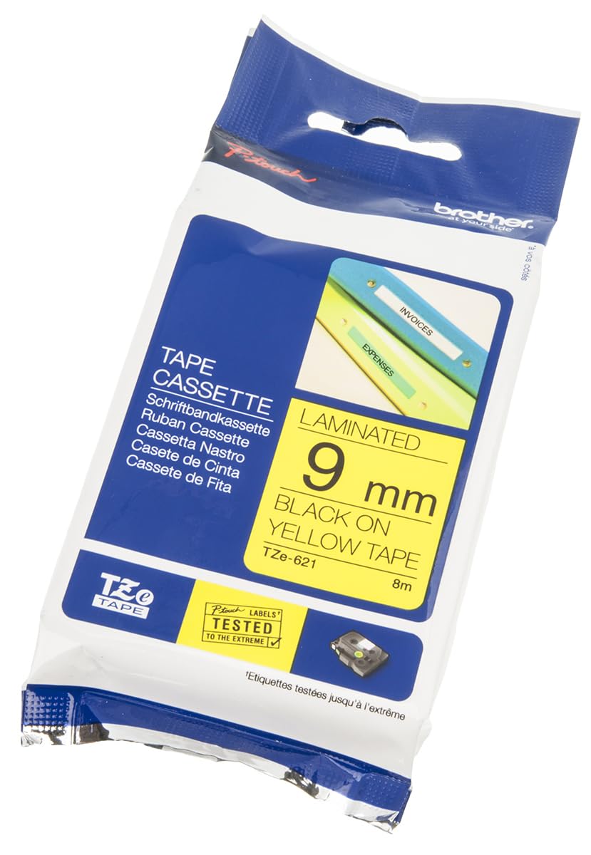 Brother Original P-touch Schriftband TZe-621 9 mm, schwarz auf gelb (kompatibel u.a. mit Brother P-t