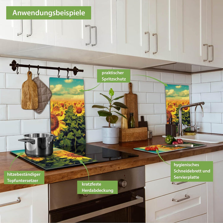 banjado® Herdabdeckplatte Glas 2-teilig je 30x52 cm/Schneidebrett Herdabdeckung mit Motiv Sonnenblum