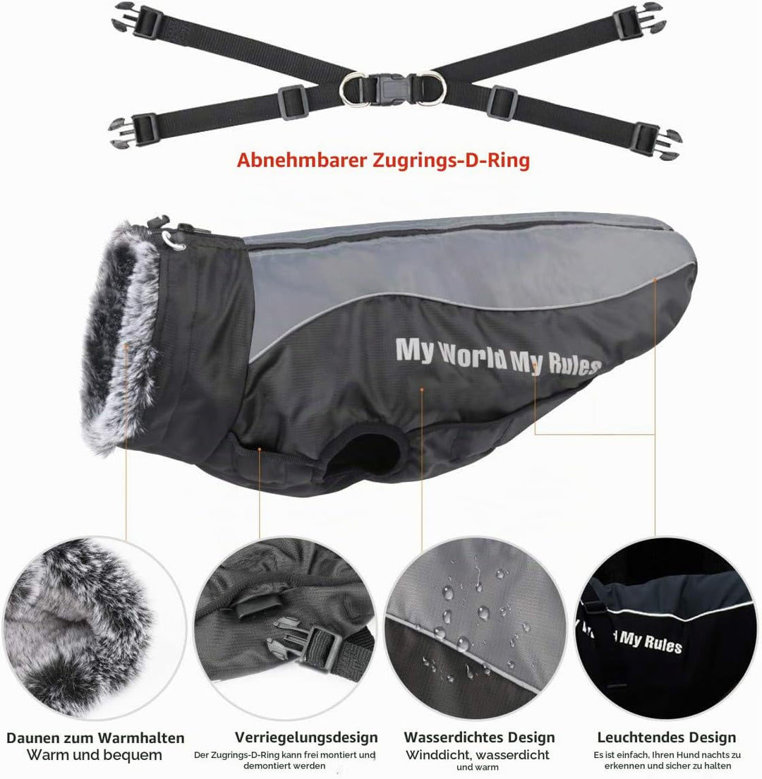 Idepet Hund Mantel Warme Jacke, Reflektierender Haustier-Schneeanzug Sport im Freien wasserdichte Hu