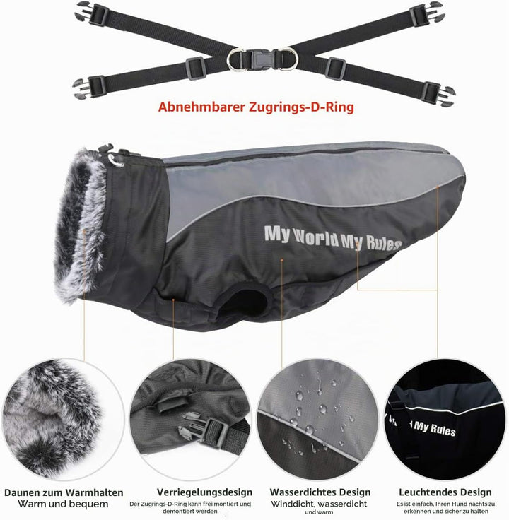 Idepet Hund Mantel Warme Jacke, Reflektierender Haustier-Schneeanzug Sport im Freien wasserdichte Hu
