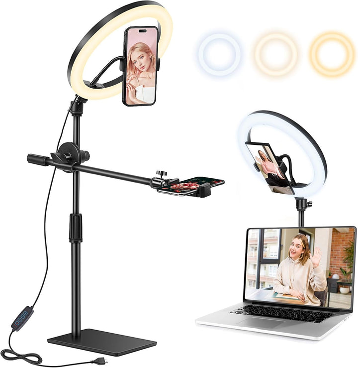 10 Zoll LED Ringlicht mit Stativ Handy, Overhead Stativ Handy mit Ringlicht, Dimmbare LED Tischringl