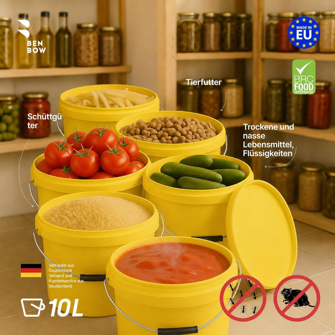 BenBow Eimer mit Deckel 10l Gelb 50x 10 Liter - lebensmittelecht, stabil, luftdicht, auslaufsicher,
