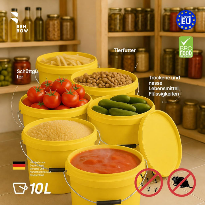 BenBow Eimer mit Deckel 10l gelb 100x 10 Liter - lebensmittelecht, stabil, luftdicht, auslaufsicher,