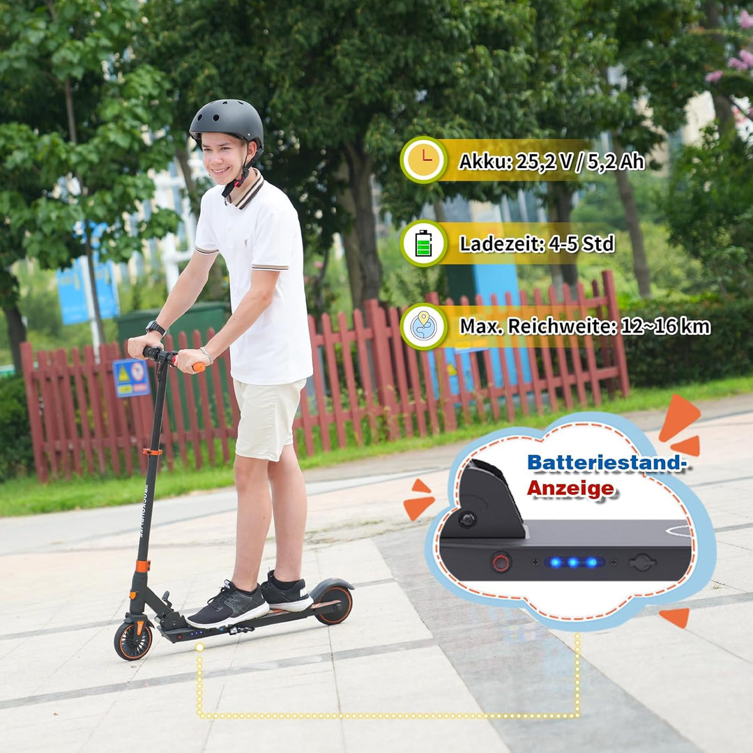 RCB TECH E-Scooter Kinder (8-12-16 Jahre) - Faltbarer Elektroroller für Kinder - Max Reichweite 16 K