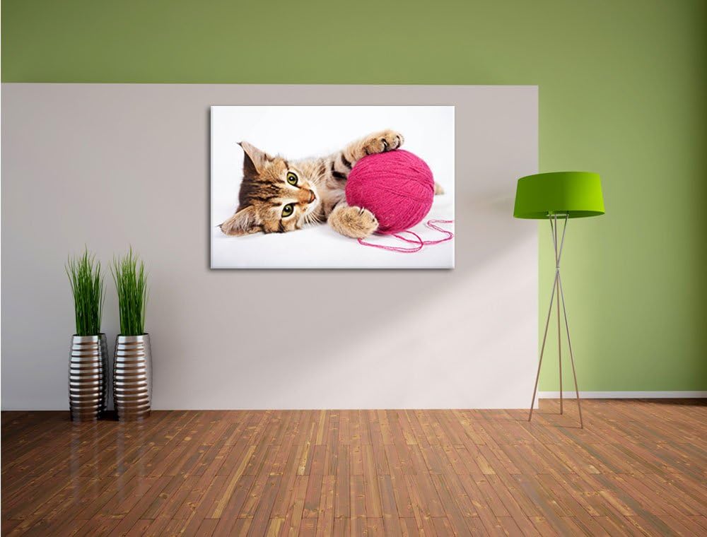 Kätzchen mit Wollknäul Format: 100x70 auf Leinwand, XXL riesige Bilder fertig gerahmt mit Keilrahmen