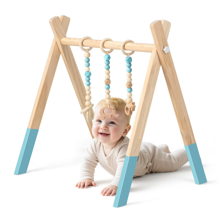 COSTWAY Baby Spielbogen Holz, Spieltrapez klappbar, Baby Gym mit 3 abnehmbaren Kinderspielzeugen, Sp