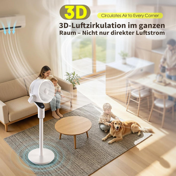 Standventilator sehr leise, 20 dB Ventilator leise mit 80°+100° oszillierend, 58–106 cm Höhenverstel