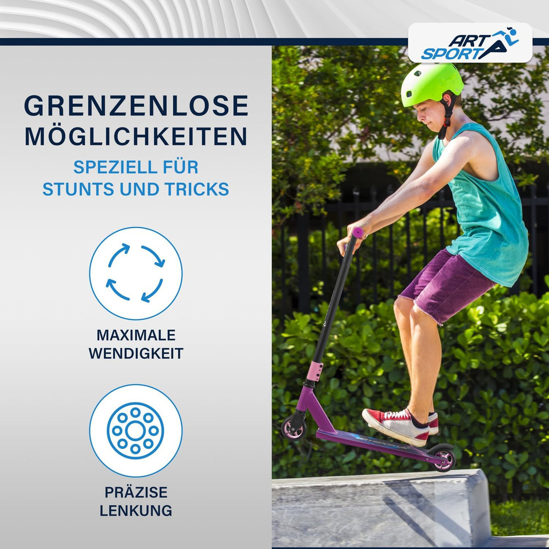 ArtSport Stunt Scooter mit 360° Lenkung, ABEC 9 Kugellager, 100 mm PU Räder & Griptape, Funscooter f