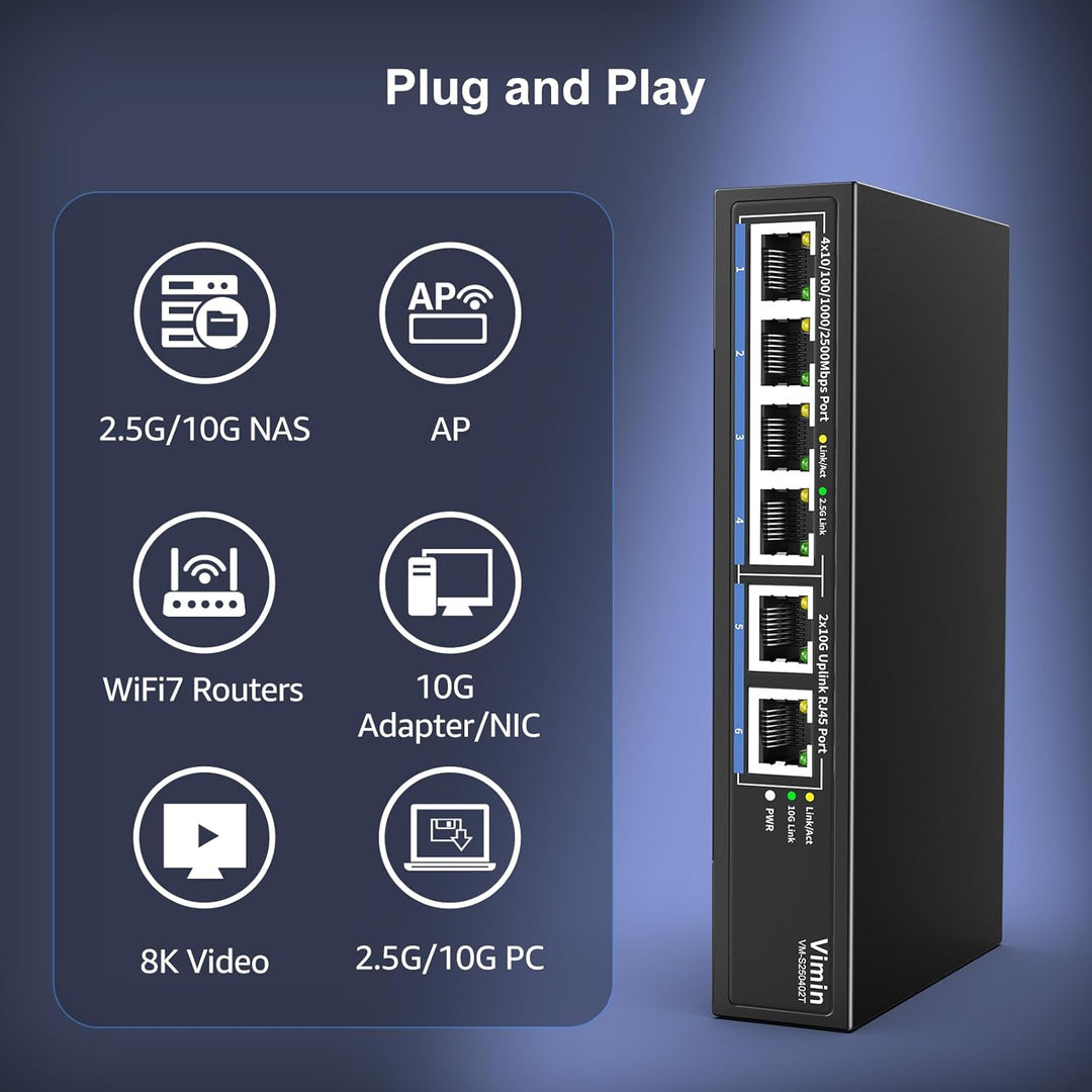 10Gb Unmanaged Switch mit 4*2.5G Base-T Ports, 2*10G RJ45 Ports,4 Port 2.5Gb Netzwerk Switch, 60 Gbi