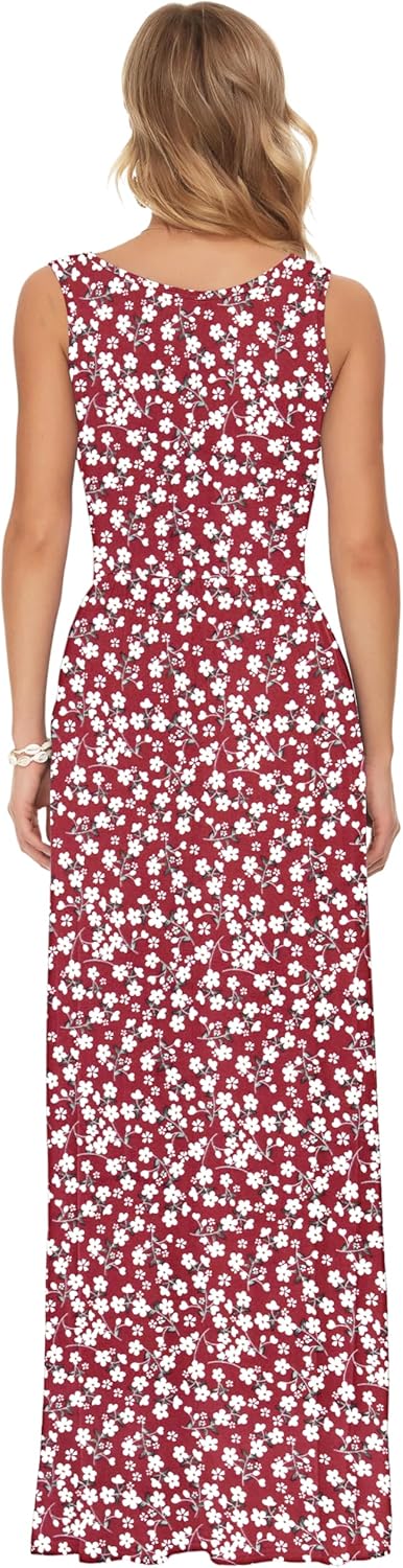 AUSELILY Damen Sommer Ärmelloses Lockeres Maxikleid Lässiges Langes Kleid mit Taschen Rot Blumen S,