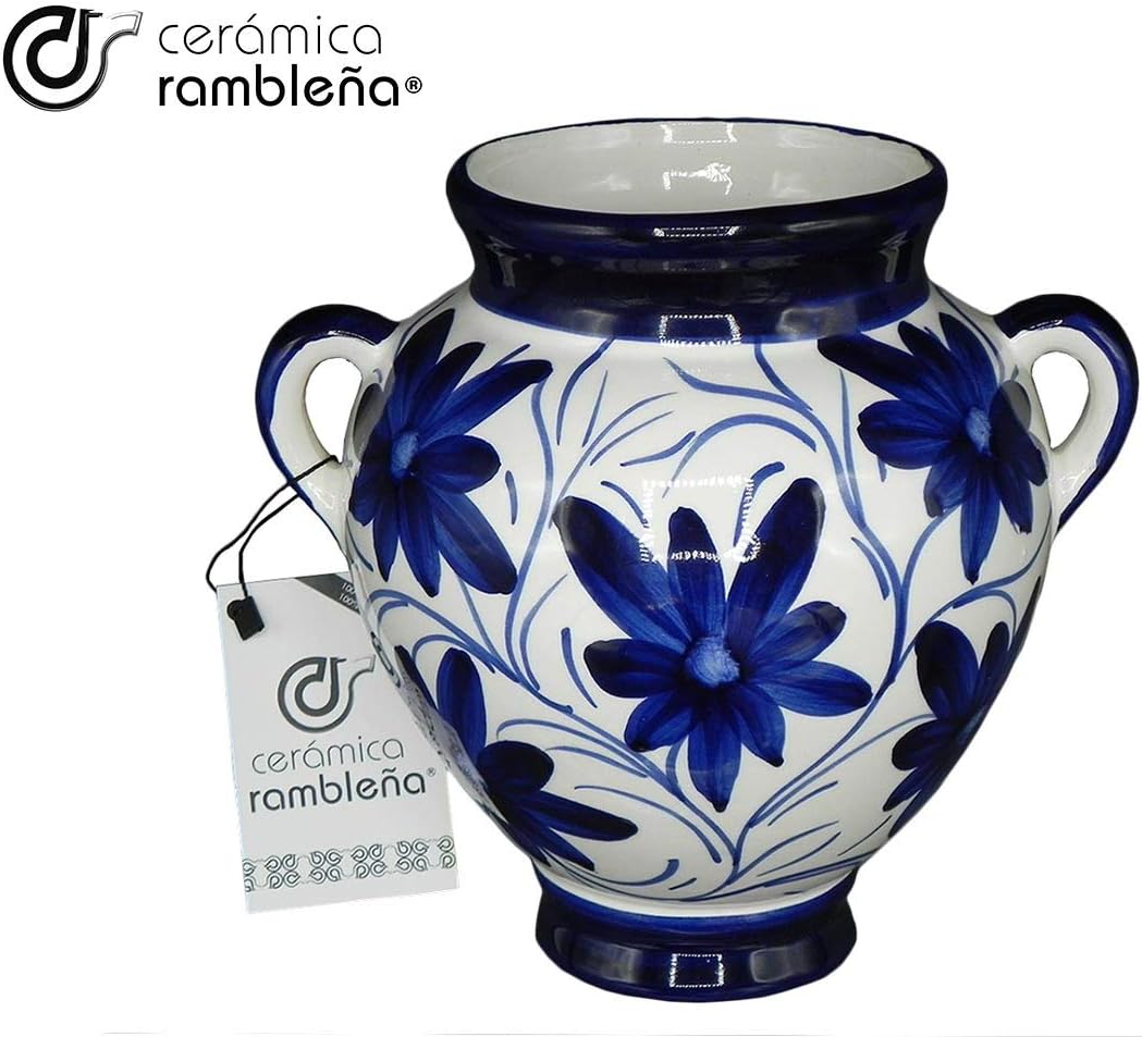 CERÁMICA RAMBLEÑA | Orza Hängetopf | Tontopf zum Aufhängen | Wandblumentopf | Blau und Weiss | 100%