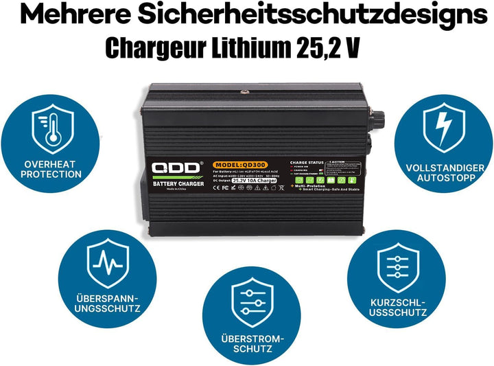 QDD 25,2 V 10 A Smart-Ladegerät, Aluminiumgehäuse, geeignet für 6S 22,2 V Lithium-Ionen-Akku für den