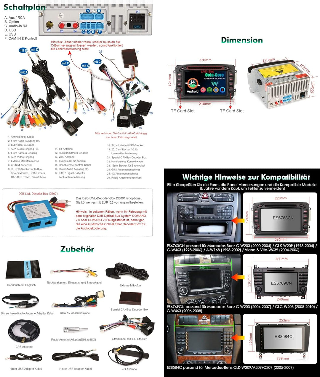 Erisin Acht Kern Android 14 DAB+ Autoradio 4GB+64GB Für Mercedes Benz C Klasse W203 CLK W209 G/A Kla