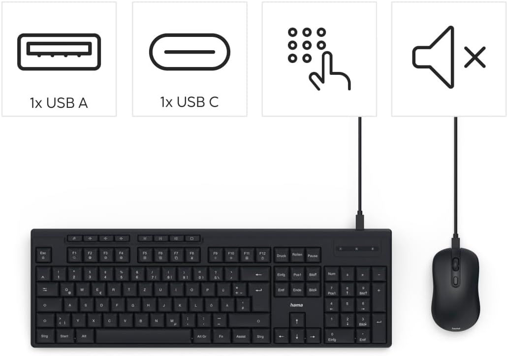 Hama Tastatur Maus Set CKM-200 (USB Tastatur, USB Maus, ergonomisches Tippgefühl, leise Tasten, Kabe