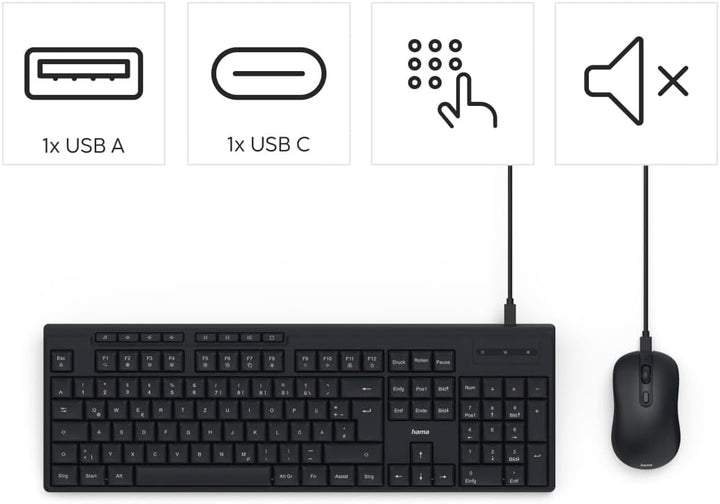 Hama Tastatur Maus Set CKM-200 (USB Tastatur, USB Maus, ergonomisches Tippgefühl, leise Tasten, Kabe