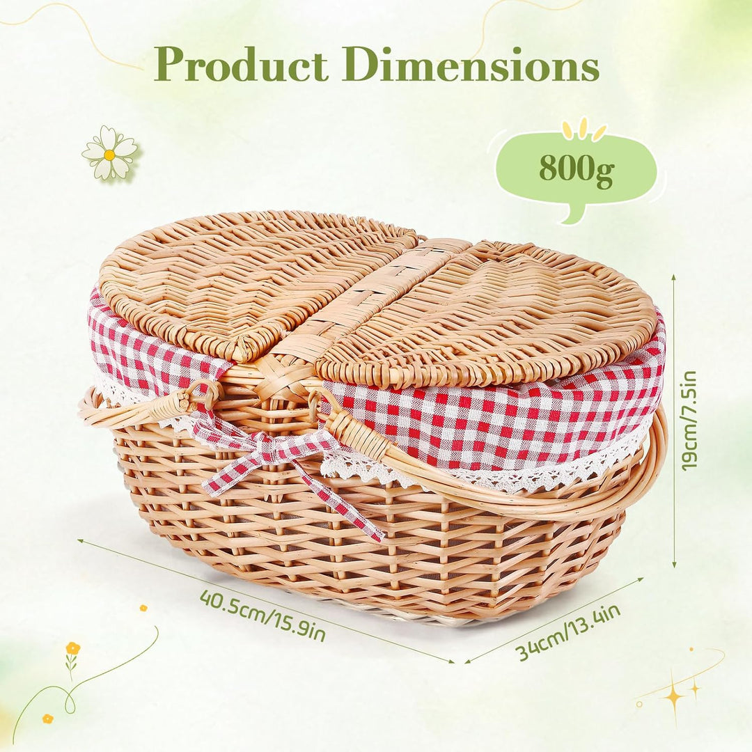 Picknickkorb, Picknickkorb mit Doppelt zu öffnendem Deckel und Klappbarem Griff, Handgewebter Korb m