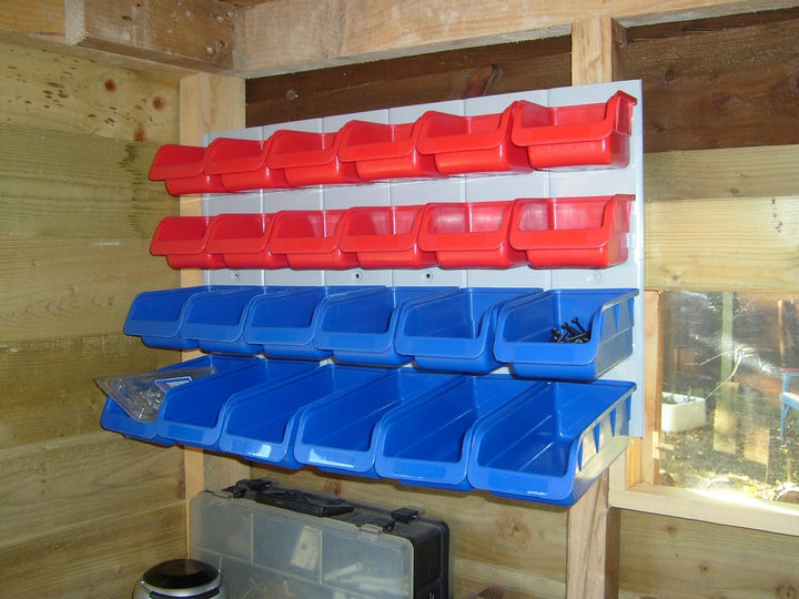 Faithfull FAIPAN24 24 Plastic Storage Bins with Metal Wall Panel, Fixings Included,Blue / Red,12.0 c