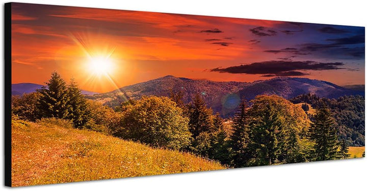 Paul Sinus Art Panoramabild auf Leinwand und Keilrahmen 150x50cm Berge Wald Wiesen Sonne Abendrot