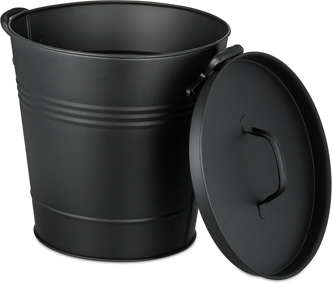 Relaxdays Ascheeimer mit Deckel, 19 Liter, runde Aschetonne mit Griffen, für Kohle & Asche, Kamin, O