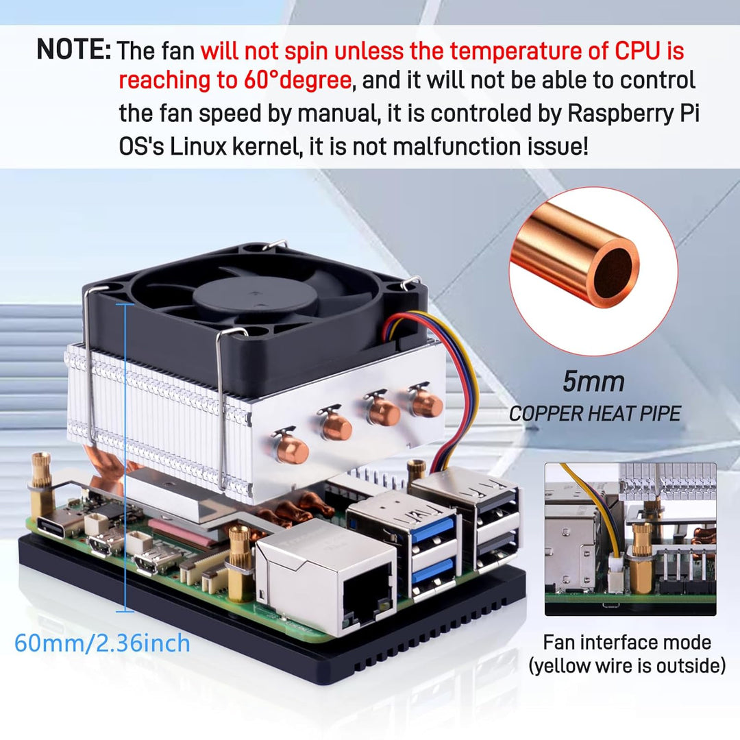GeeekPi Low-Profile Plus CPU Kühler für Raspberry Pi 5, Pi 5 Aluminium Active Cooler mit Kühllüfter