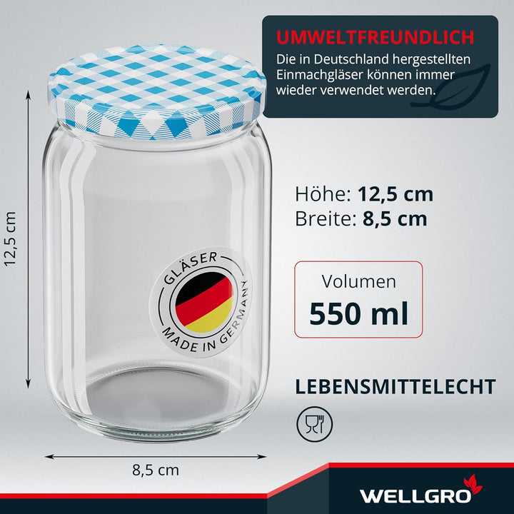 WELLGRO 50x Einmachgläser mit Schraubdeckel - 550ml - Deckel To 82 blau kariert - Made in Germany -