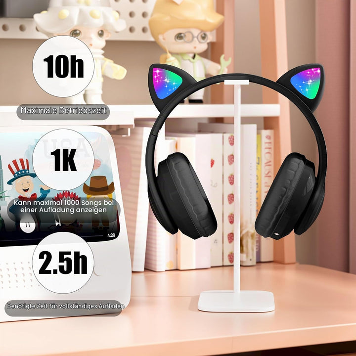 OHAANYY Katzenohr Kopfhörer Kindergeburtstag Geschenke Kind LED Katzenohren Einhorn Bluetooth Kabell