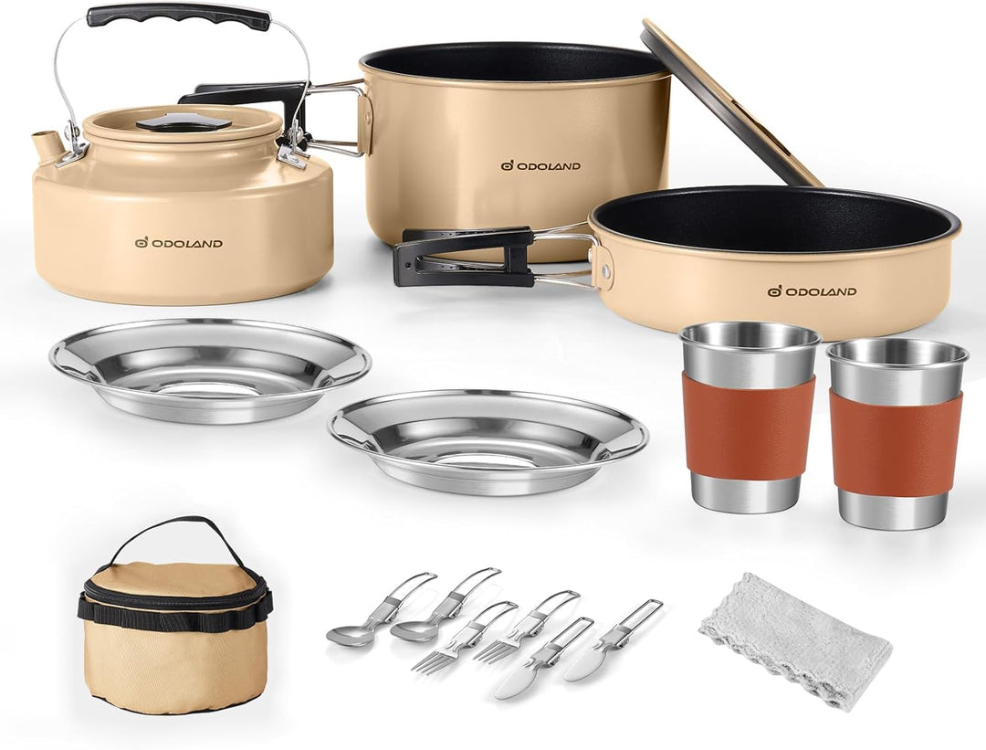 Odoland Camping Kochgeschirr Set Antihaft-Topf und Pfanne Set mit Wasserkocher, Edelstahl Utensilien