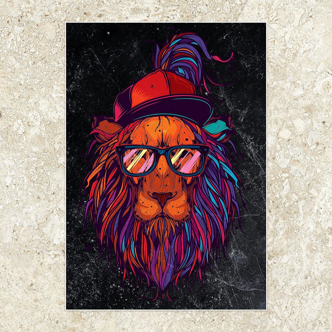 wandmotiv24 Poster als Wanddeko, Grösse 100x70cm, Funky Löwe, Marmor, bunt, Cap, Mütze, Brille, Nerd