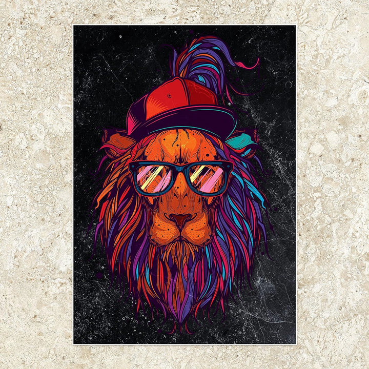 wandmotiv24 Poster als Wanddeko, Grösse 100x70cm, Funky Löwe, Marmor, bunt, Cap, Mütze, Brille, Nerd