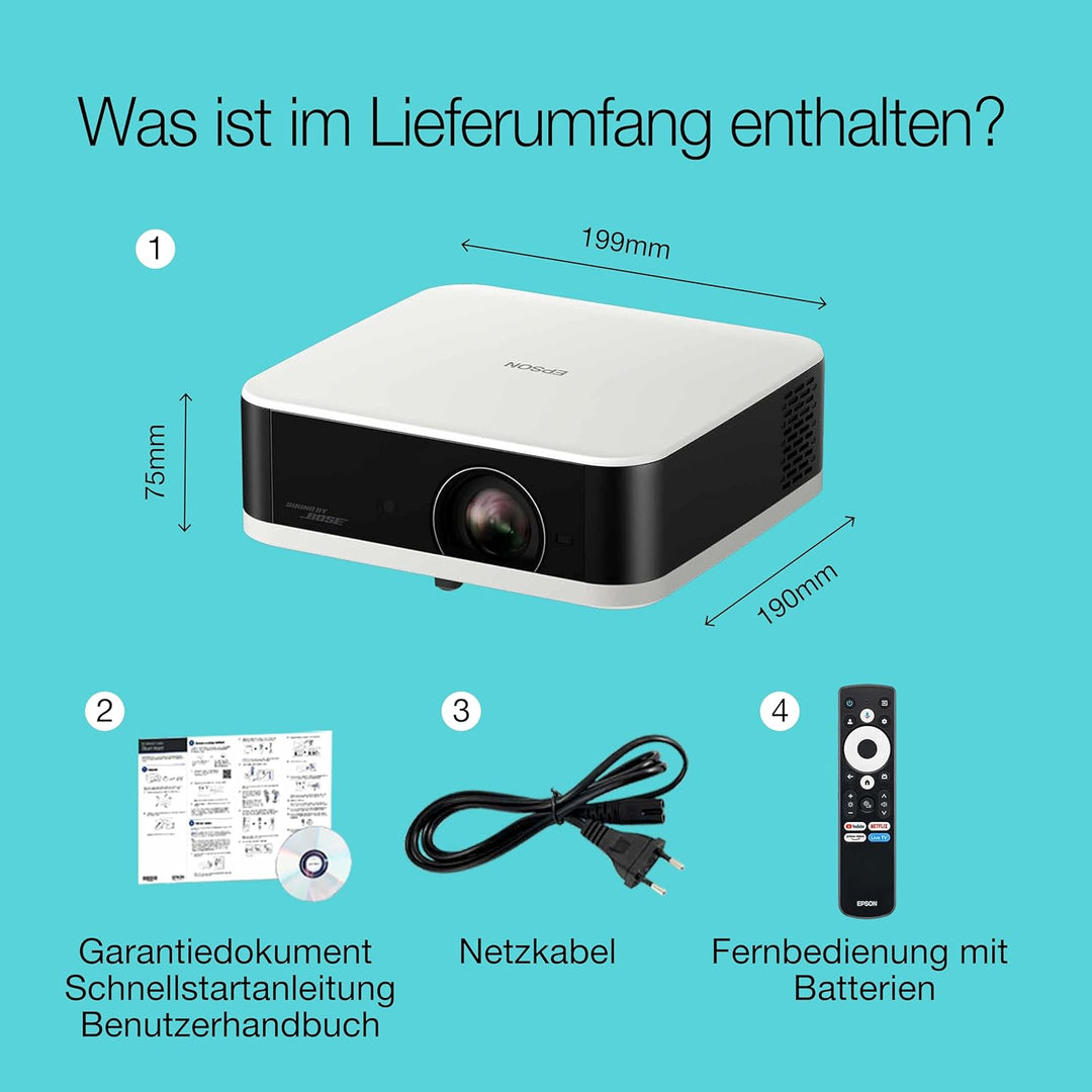 Epson Lifestudio Pop EF-61W Diamantweiss, tragbarer Smart-Projektor, Sound by Bose, Google TV, Full