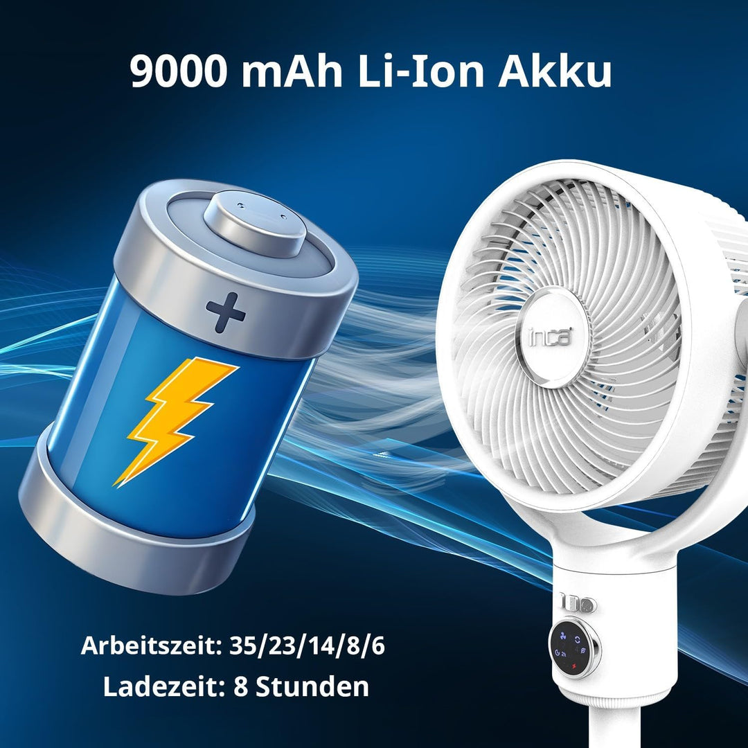 İnca IAF-01B Standventilator, 9000 mAh Akku, LED-Bedienfeld, leiser BLDC Motor, 5 Stufen, Oszillatio