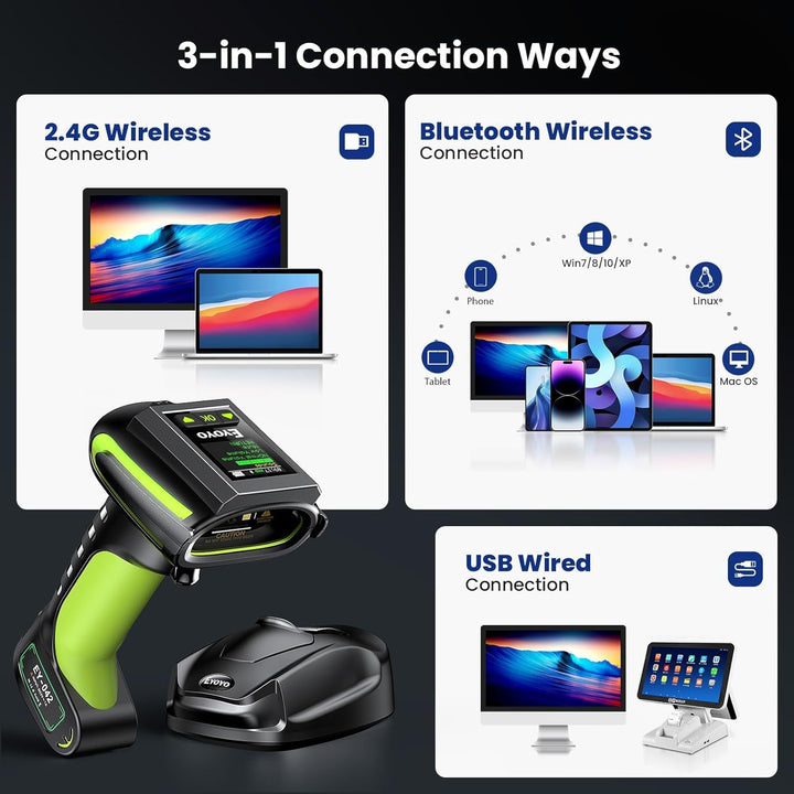 Eyoyo Industrieller Barcodescanner mit Display:3-in-1 wasserdichter,kabelloser 1D/2D Bluetooth-Barco