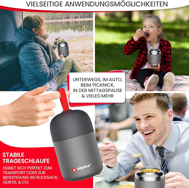 alpina Thermobehälter für Essen - SPÜLMASCHINENFESTER Thermo Becher 530ml mit Druckausgleich und fal