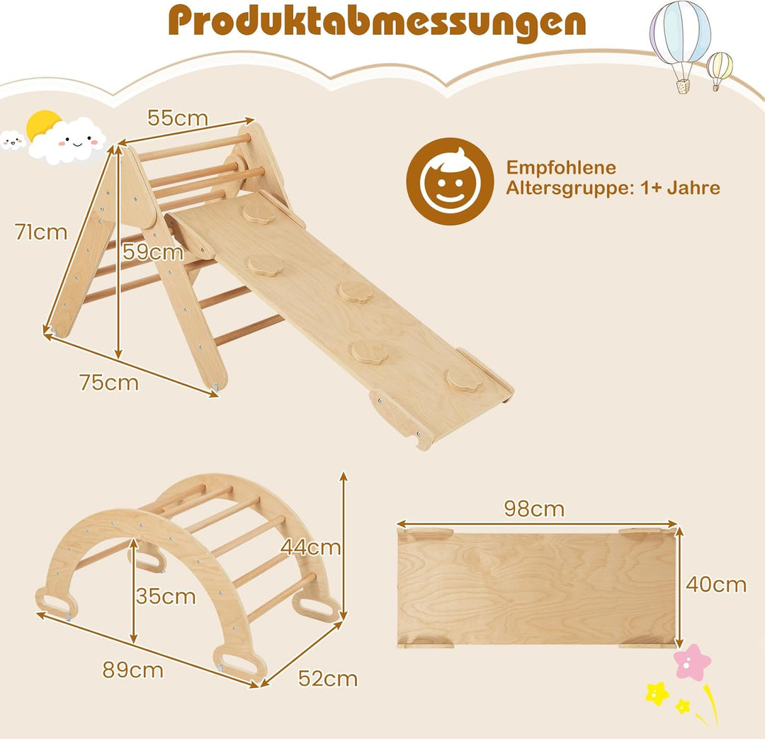 COSTWAY Kletterdreieck mit Rutsche, Kletterbogen, inkl. Kissen & doppelseitige Rampe, zum Klettern,