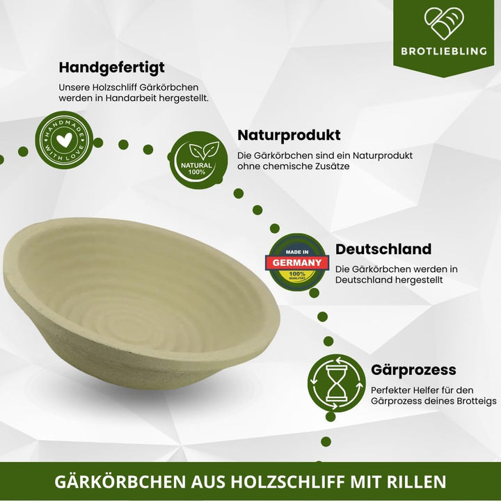Holzschliff Gärkorb rund mit Rillen für 1,0 kg Brote, rundes Gärkörbchen, handgefertigt in Deutschla